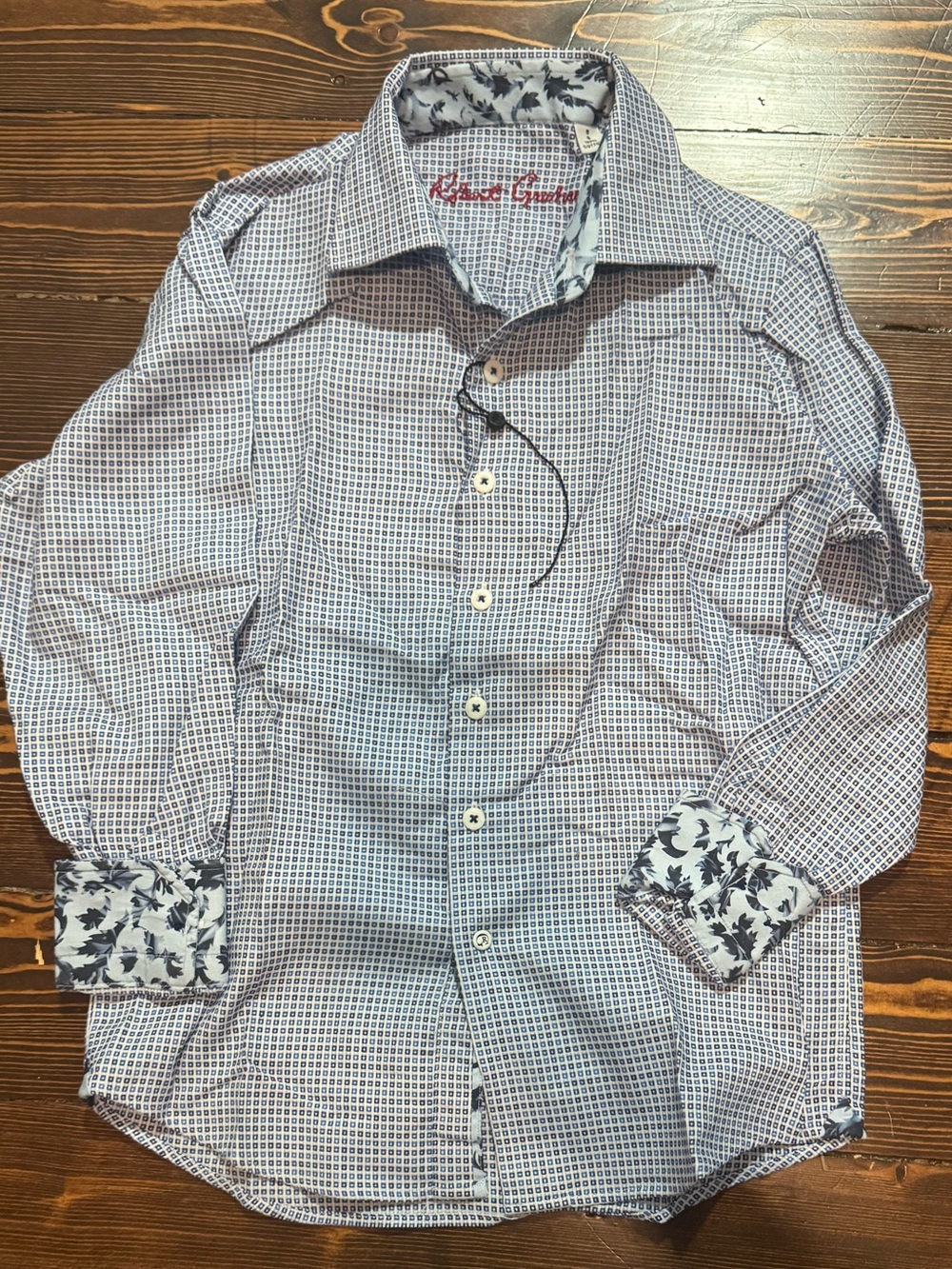 Robert Graham Boys' Blue & White Small Check Button-Down Shirt with floral cuffs